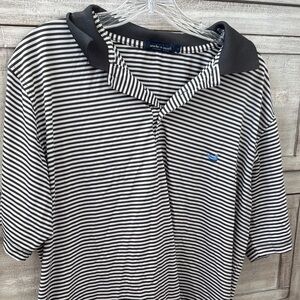 White and Black V-neck Polo Button Down Shirt with Short Sleeves